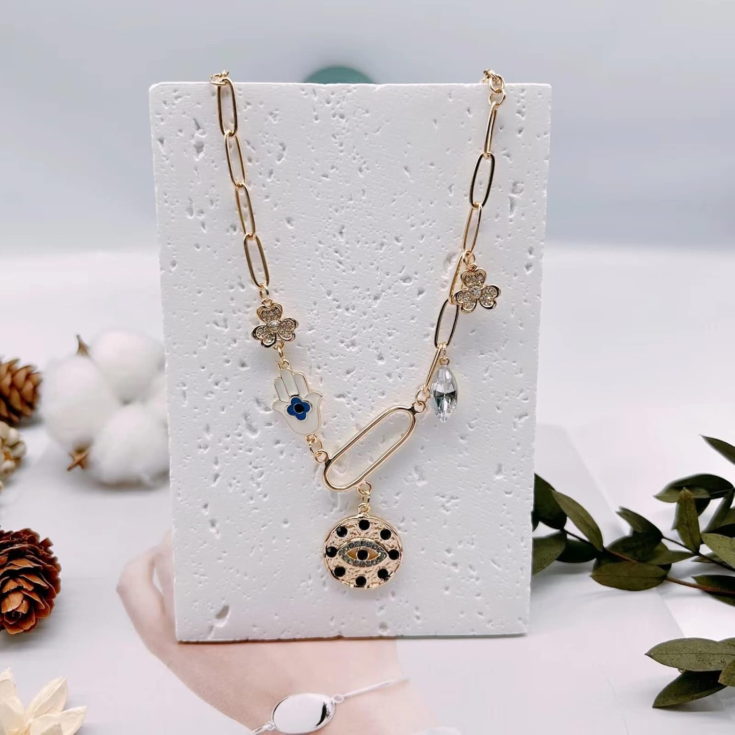 NALISASA Glod Plated Boho Paperclip Chain Charm Necklace for Women Handmade Evil Eye Sun Moon Star Flower Coin Safety Pin Necklace Celestial Jewelry - Image 5