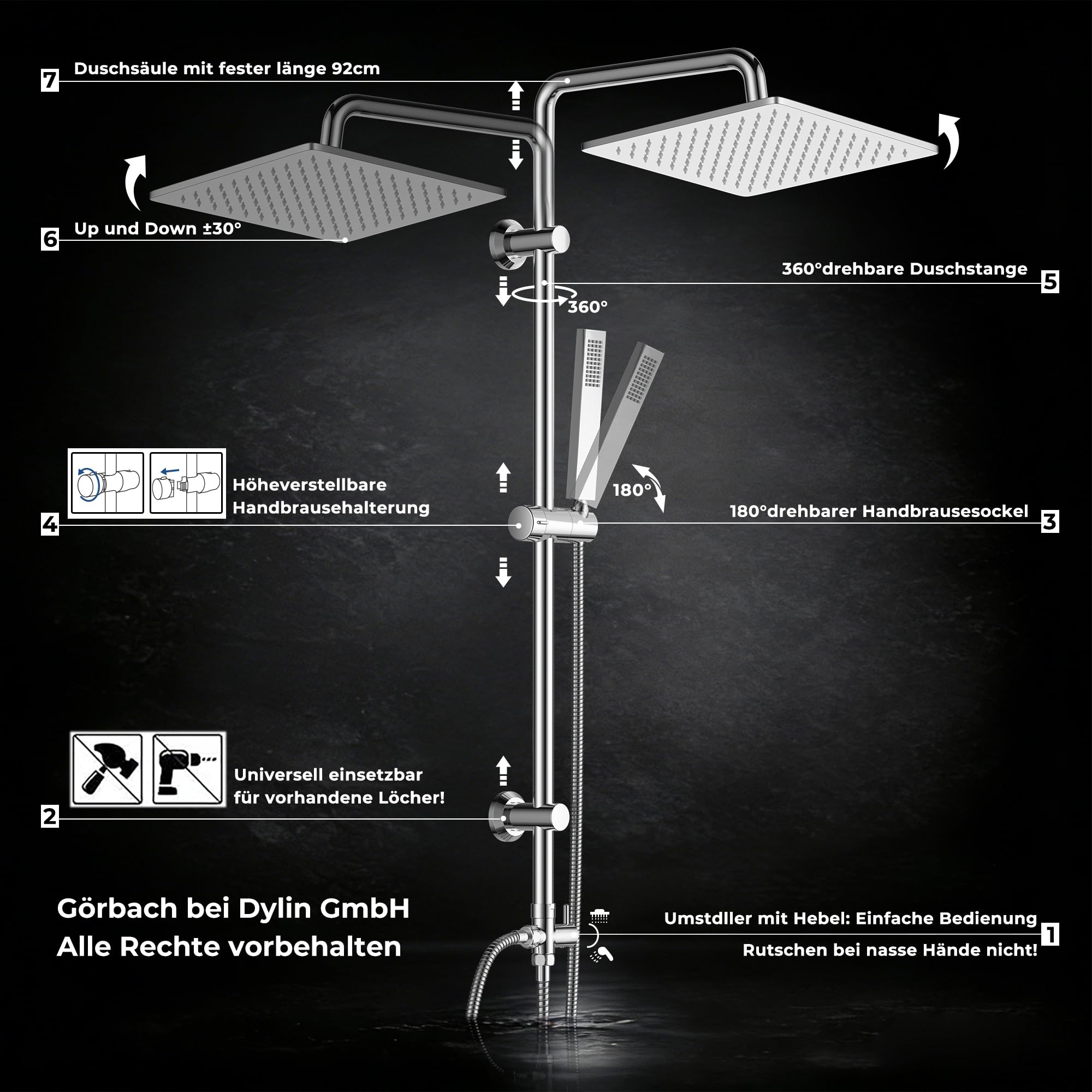 Görbach Regendusche Duschsystem ohne Armatur, Edelstahl Duschset mit Verstellbarer Duschstange, Kopfbrause 30x30 cm Chrom