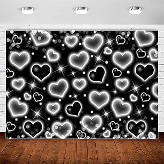 Early 2000s Backdrop for 90s Y2K Old School Photoshoot Glitter Black Heart Backdrops Women Men Happy Birthday Party Banner Decorations Valentines Day Photography Background Selfile Portrait Prop 6x4ft