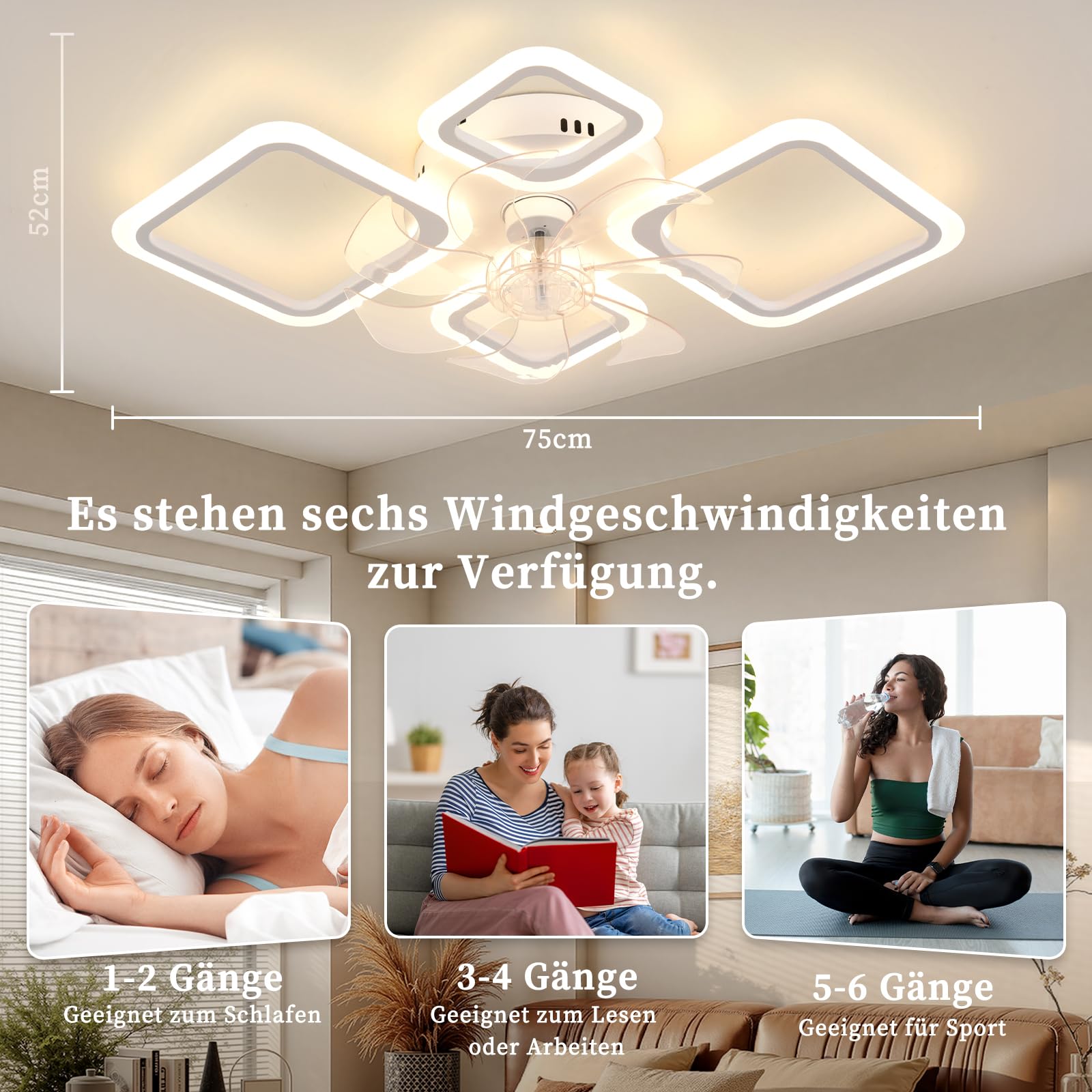 MiiR Deckenventilator Mit Beleuchtung,65W Deckenlampe Mit Ventilator Und Fernbedienung,Dimmbar Lampe Mit Ventilator,6-Gang,Speicherfunktion Deckenventilator Mit Licht Für Schlafzimmer Wohnzimmer,Weiß