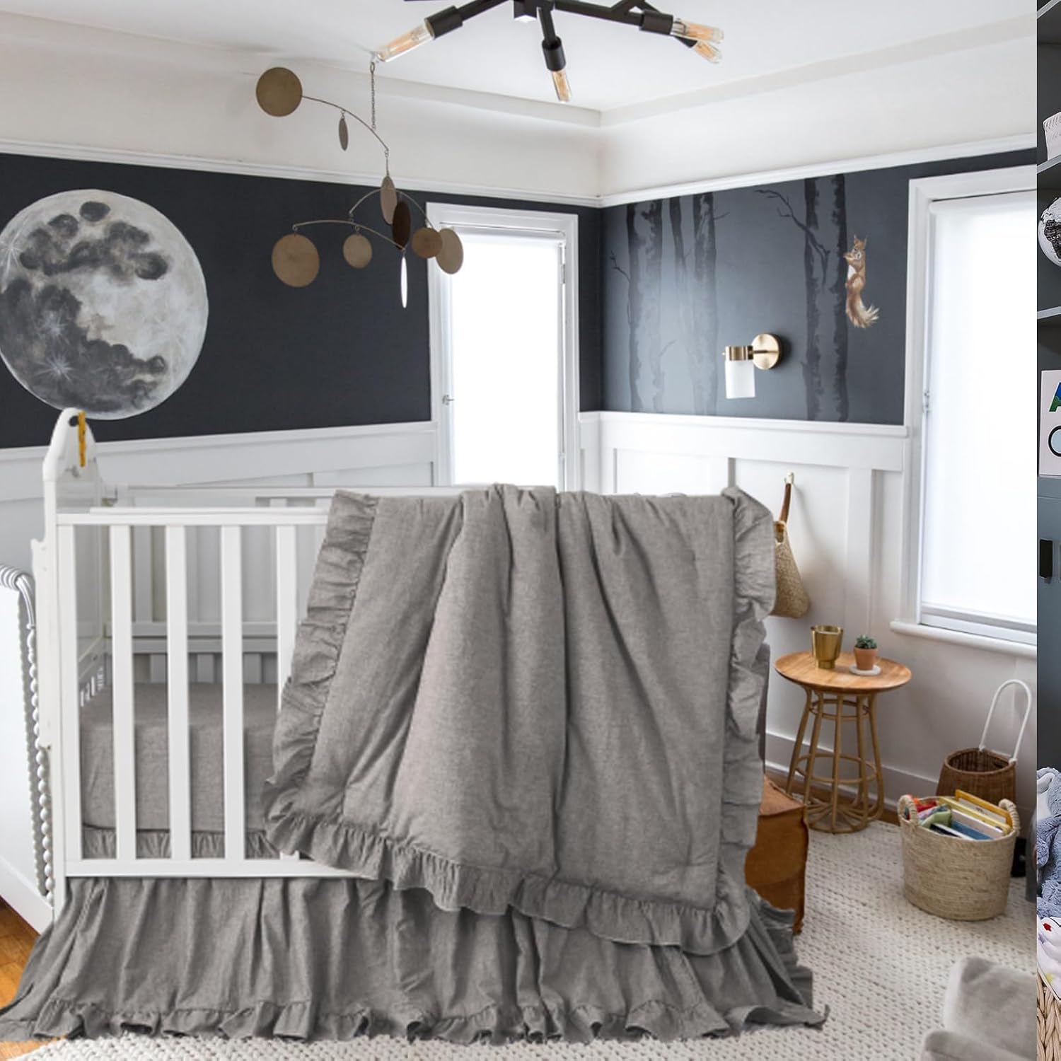 Brandream Ruffle Crib Bedding Set 3 Pieces Ultra Soft 100% Cotton Bohemian Neutral Solid Grey Crib Comforter, Crib Sheet, Crib Skirt, Farmhouse Chic Baby Girl Boys Nursery Bedding
