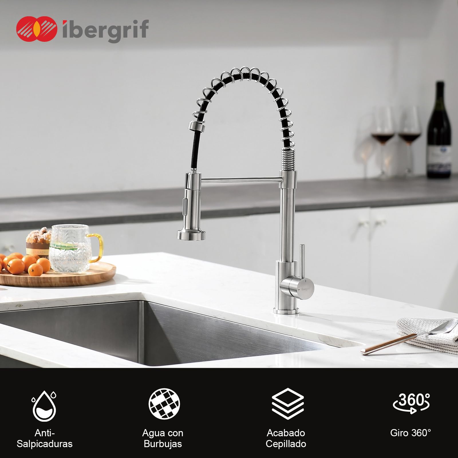 Ibergrif Grifo Cocina Extraible y Extensible - Acero Inoxidable 304, 360°Giratorio, 2 Modos Agua (Spray/Flujo), Manguera 40cm, Instalación Rápida, Monomando, M22143A