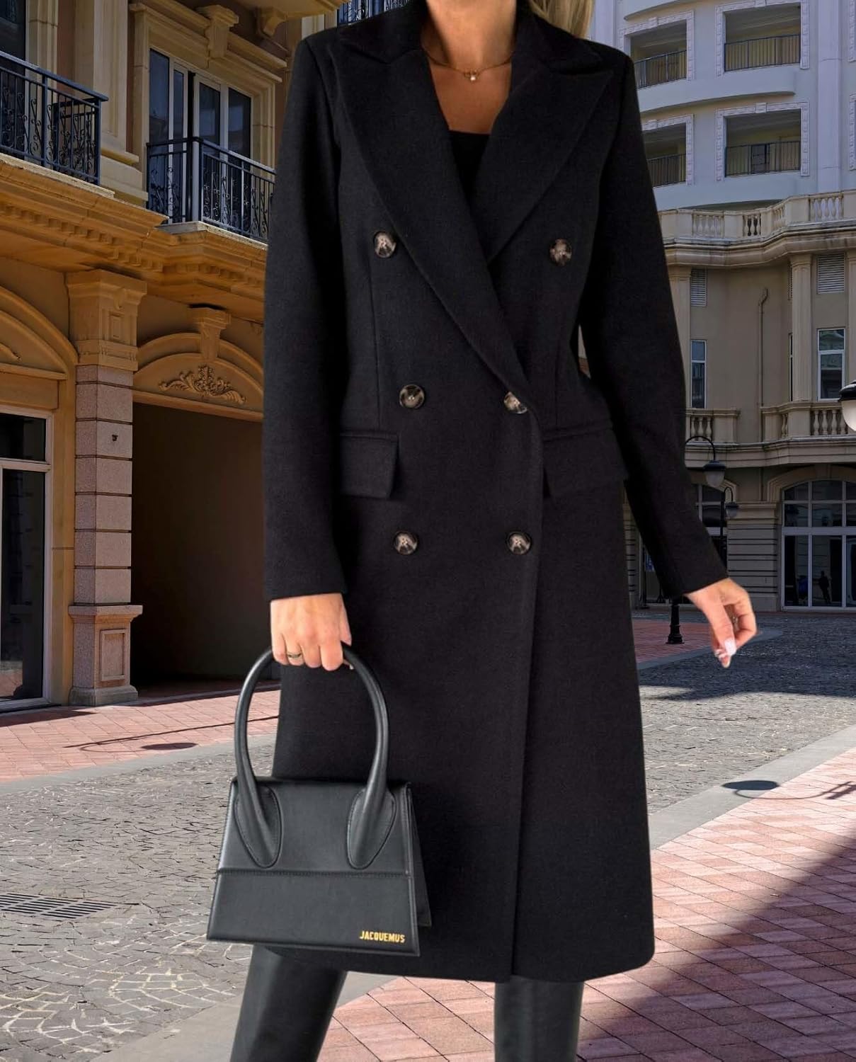 Womens Solid Color Double Breasted Medium Length Slim Coat Winter Casual Lapel Wool Jacket Coat - Image 6