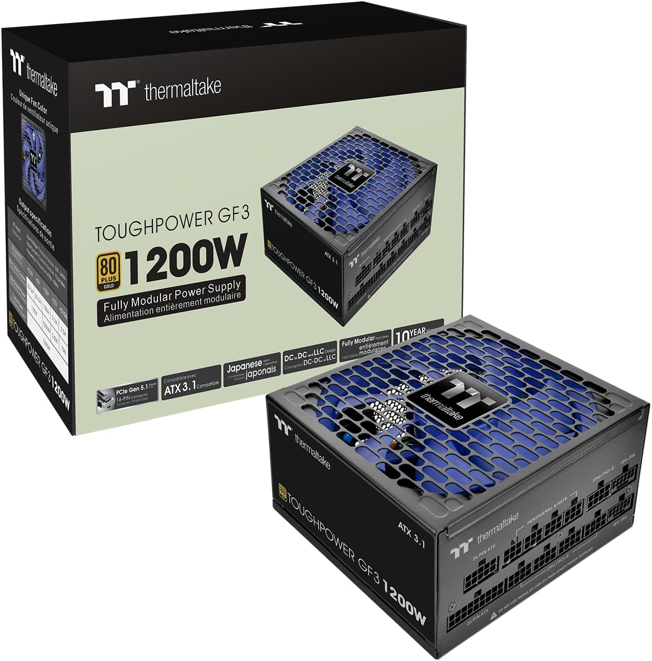 Thermaltake Toughpower GF3 1200W; ATX 3.1; x2 Native PCIe 5.1 12V-2x6; Flat Cables; Color Matched Connectors; Japanese Main Capacitors; 135mm Fan; 80 Plus Gold Certified; Black; PS-TPD-1200FNFAGU-4