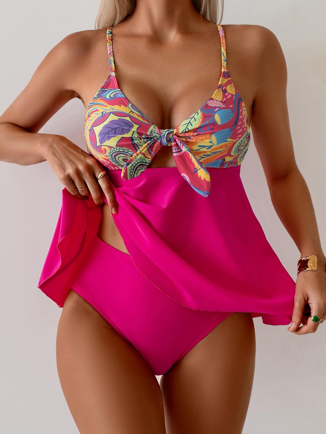 Eomenie Two Piece Tankini Swimsuits for Women Tummy Control Cutout Bathing Suit Tie Knot Flowy Swim Dress with Bottom