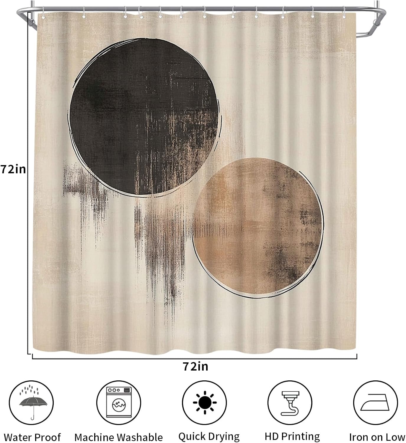 Black and Beige Boho Shower Curtain - Abstract Geometric Circle Waterproof Fabric Bathroom Curtain Home Decor, 72x72 Inch