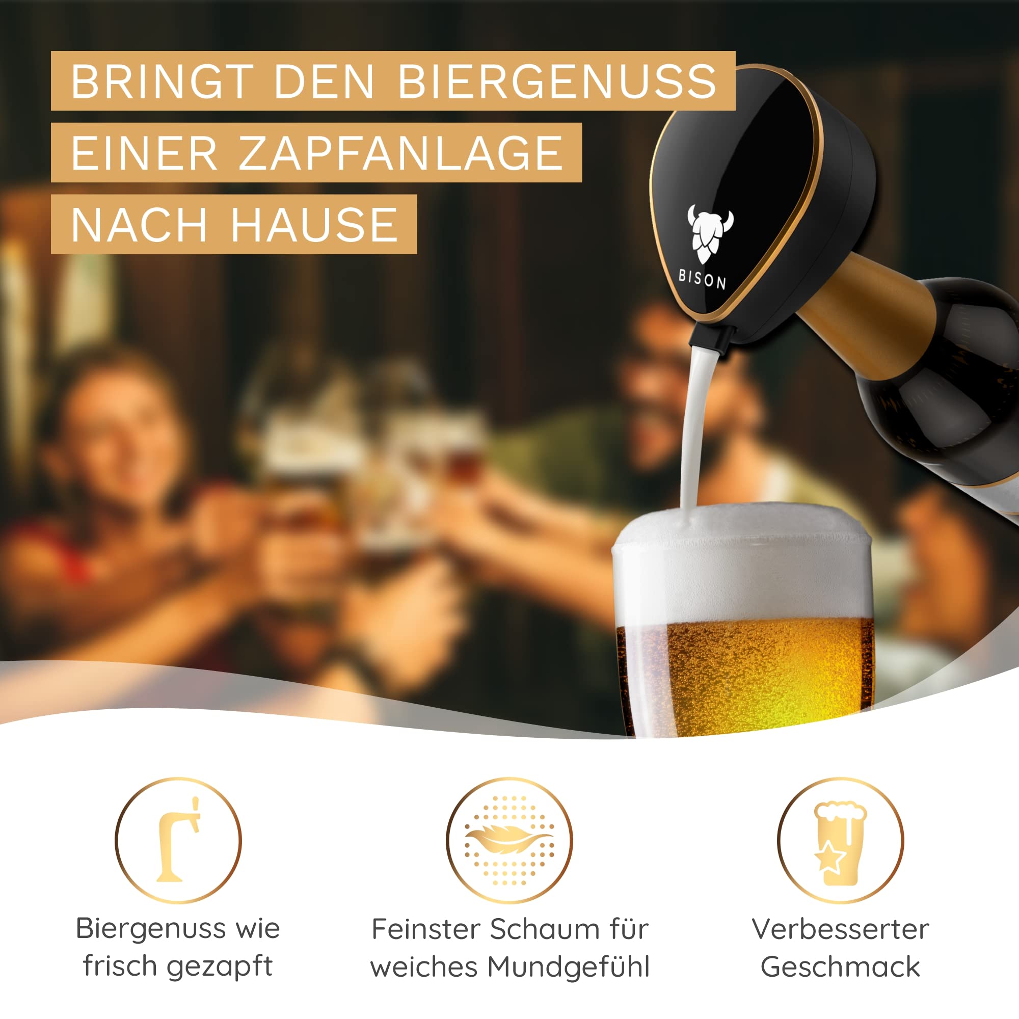 BISON Biersonikator Ultraschall Flaschenaufsatz für Bier wie frisch gezapft | Höchster Biergenuss für zu Hause, Geschenk für Männer, Eingebauter Flaschenöffner