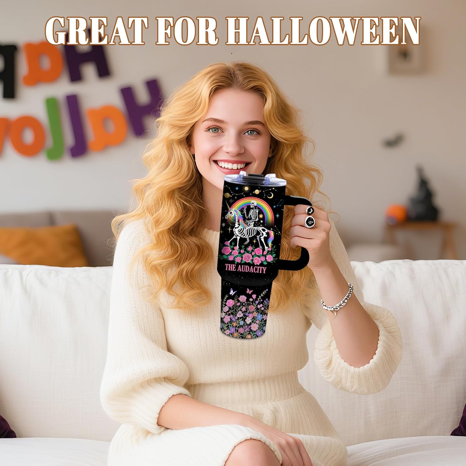 DUUV 40 Oz Funny Skull Tumbler, Funny Witchy Gifts for Women Tarot Lovers, Ghost Design Mug, the Audacity Skull Tumbler for Valentine‘s Day, Gifts for Daughter Girlfriend, Skeleton Cup Black, 1PCS - Image 7