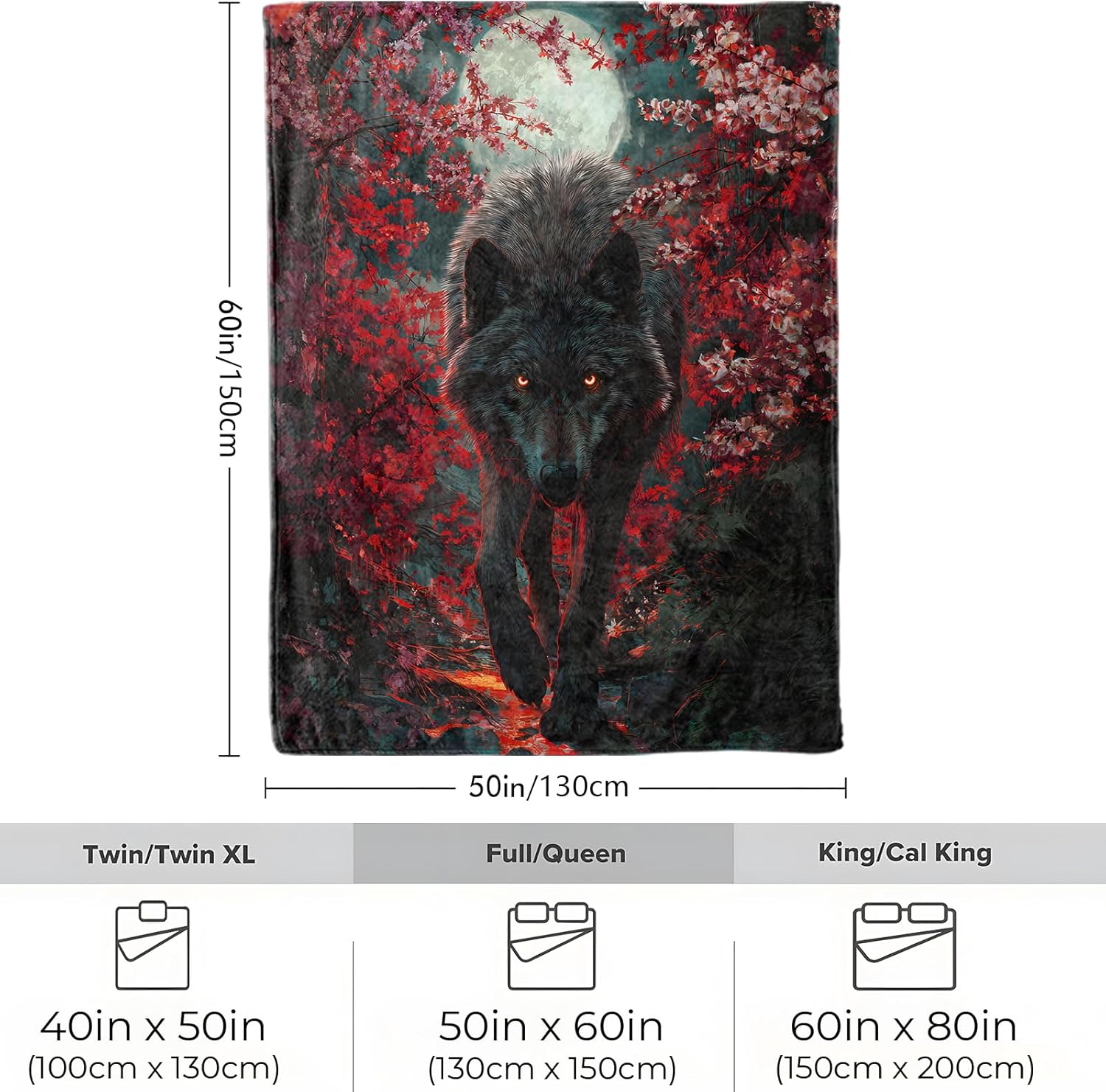 Wolf & Moon Blanket, Soft Cozy Lightweight Mysterious Wolf Under Full Moon with Red Flowers Throw Blanket for Men Women Kids, Sofa Couch Bed 50x60 Inch Flannel Blankets for Travel Decor Gifts - Image 3