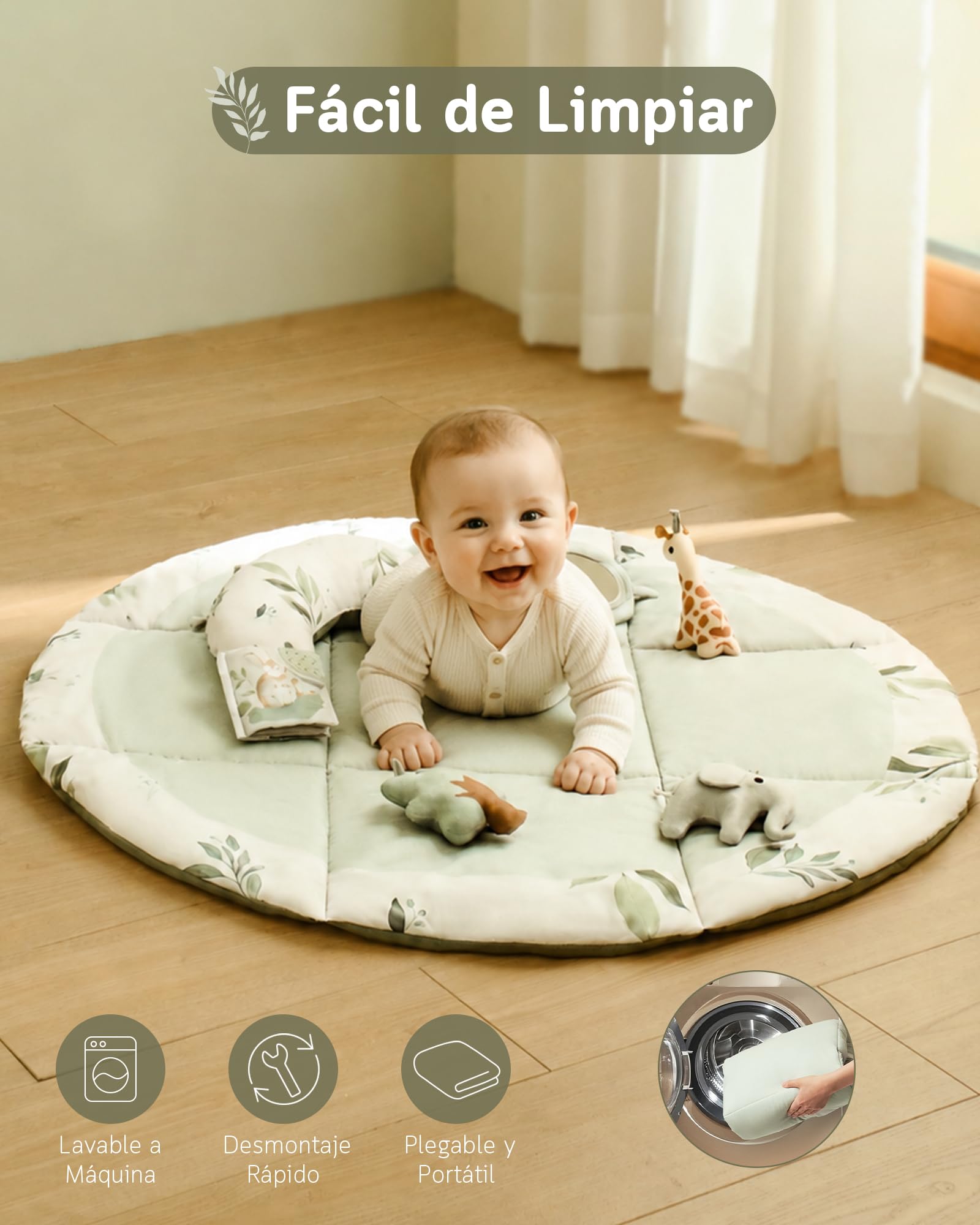 Fortella Gimnasio para Bebé, Tapete de Actividades, Manta de Juegos Plegable con 5 Juguetes Colgantes, Espejo y Almohada -Alfombra Acolchada para el Gateo, Desarrollo Infantil, 0-3-6-12 Meses(Verde)