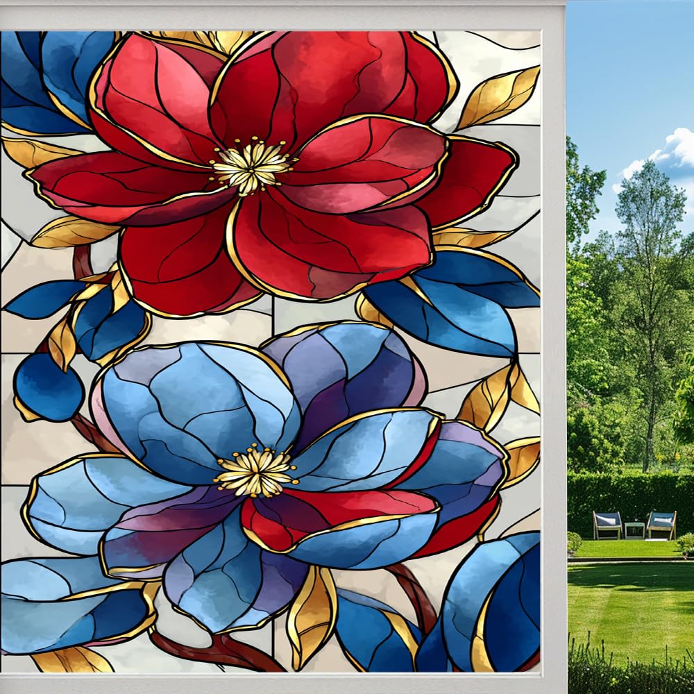 Pmlbaous Natural Flowers Stained Glass Window Film, Rustic Floral Plants Peel And Stick Privacy Film, Frosted Adhesive Vinyl Decorative For Bathroom Windows Glass Doors, （55X100cm）