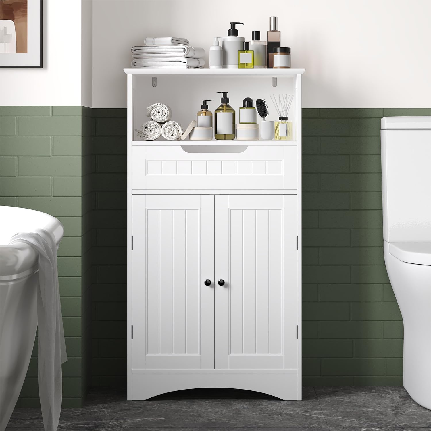 Mueble de baño, Mueble de baño con 1 Estante Abierto, 1 cajón y 1 Estante Ajustable, para baño, salón, Comedor, 60 x 30 x 170 cm (Blanco)