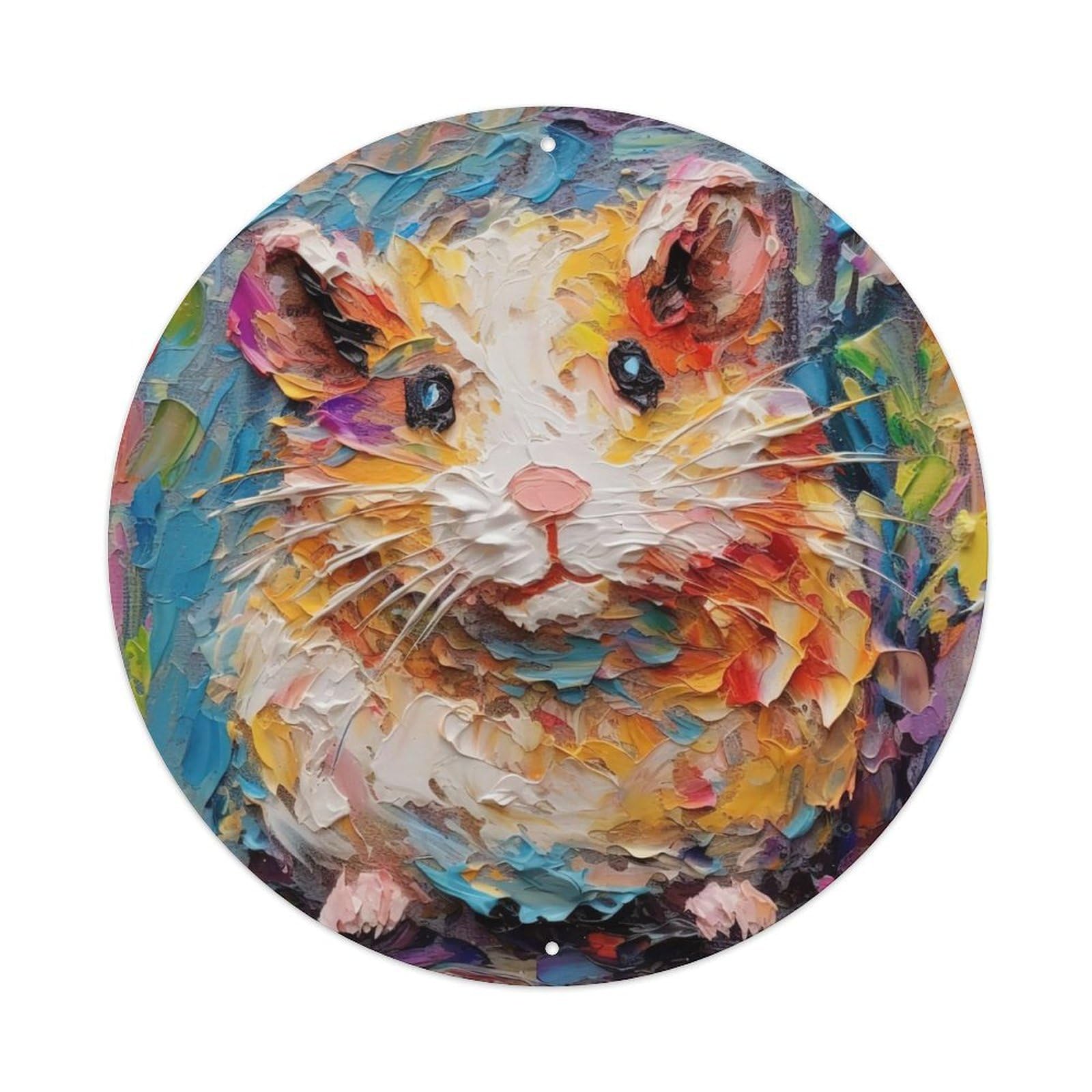 Animal Art Oil Painting Style Golden Hamsters Vintage Metal Tin Sign Plaque Wall Decor for Cafe, Club, Garden Round Metal Poster 8x8Inch