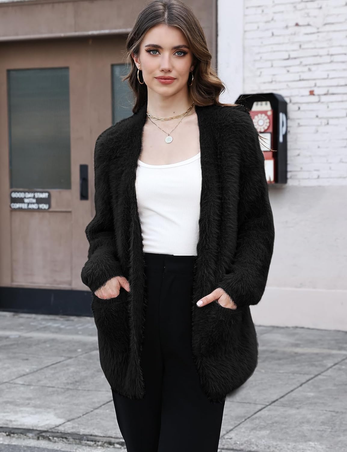 Women's Chunky Fuzzy Cardigan V Neck Slouchy Mohair Sweaters Long Sleeve Button Down Knit Furry Sweater Coat - Image 3