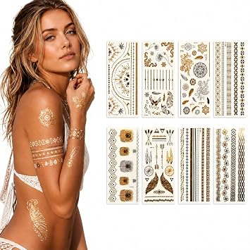 8 Sheets Gold Tattoos Temporary, Long Lasting Metallic Tattoos