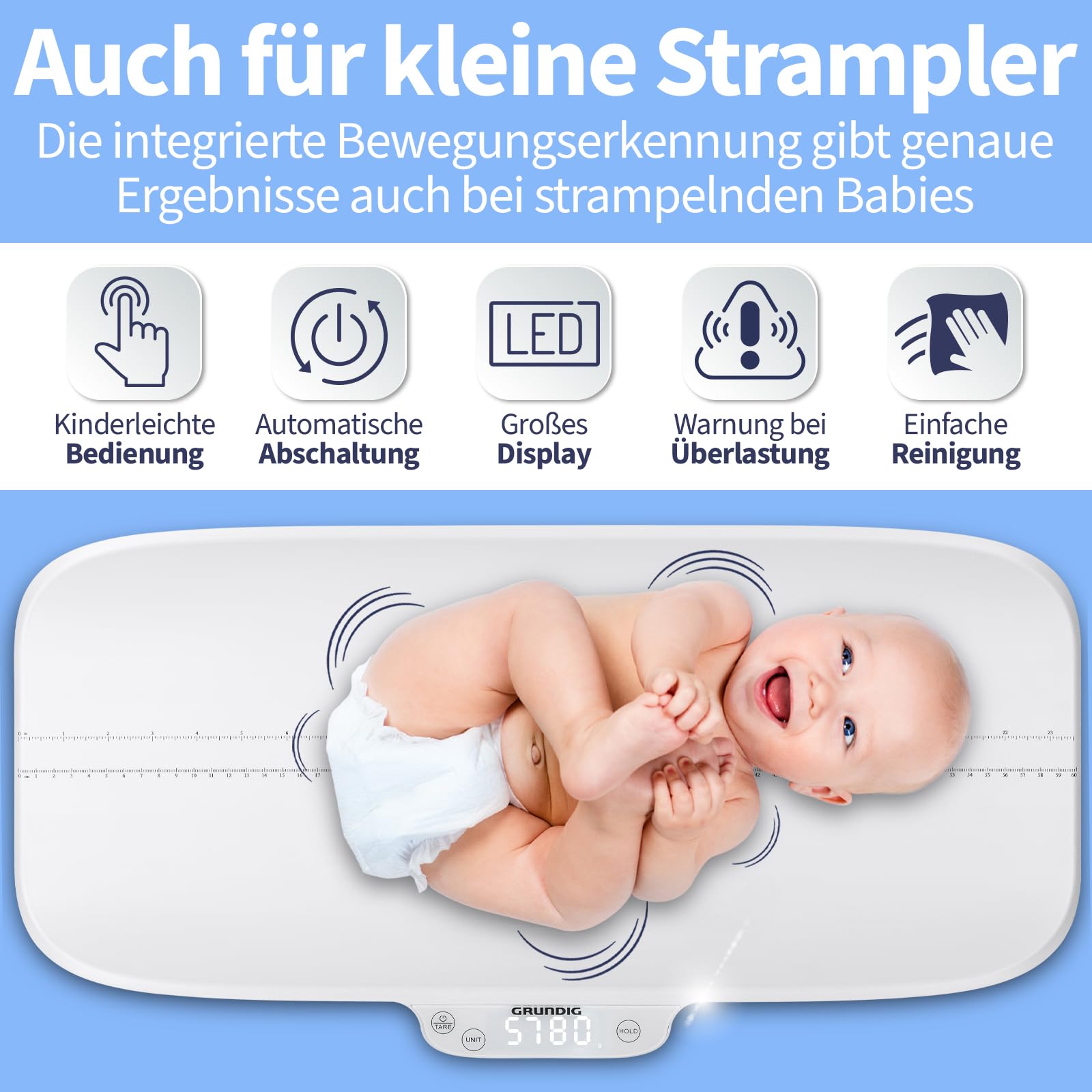 GRUNDIG Babywaage mit Körperlängen Messung - hochpräzise Baby Waage mit Hold Automatik für genaue Ergebnisse bei Strampelmäusen - Digital Scale mit Tara Funktion - bis 40kg belastbar (inkl. Batterien)