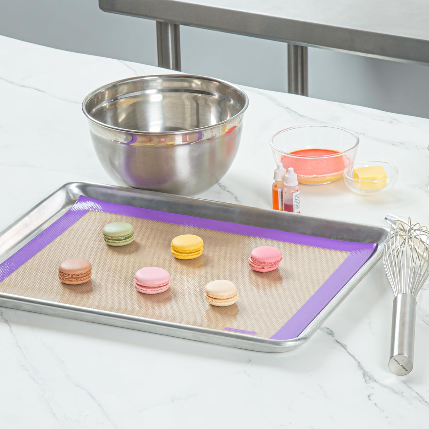 Restaurantware Half Size Baking Mat 1 Heat-Resistant Cooking Mat - Allergen-Safe Reusable And Ultra-Durable Tan And Purple Silicone Nonstick Mat For Pans And Rolling 11.8 x 15.75 Inch