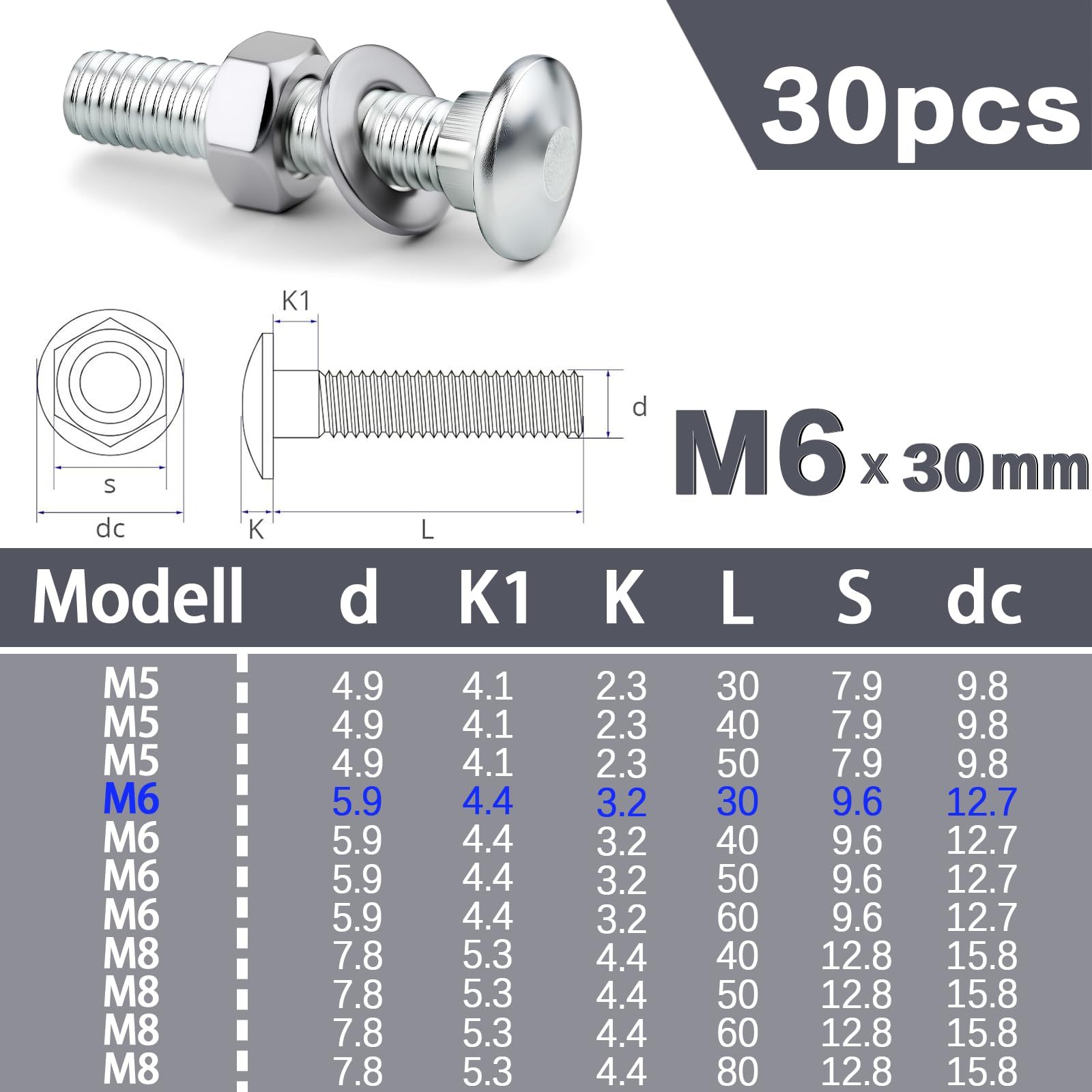 XRXYMQ 30 PCS M6 Coach Bolts M6 x 30 mm Carriage Bolts A2 Stainless Steel Coach Screws with Hexagon Nuts and Washers Nuts and Bolt For Metal Wood - Image 2