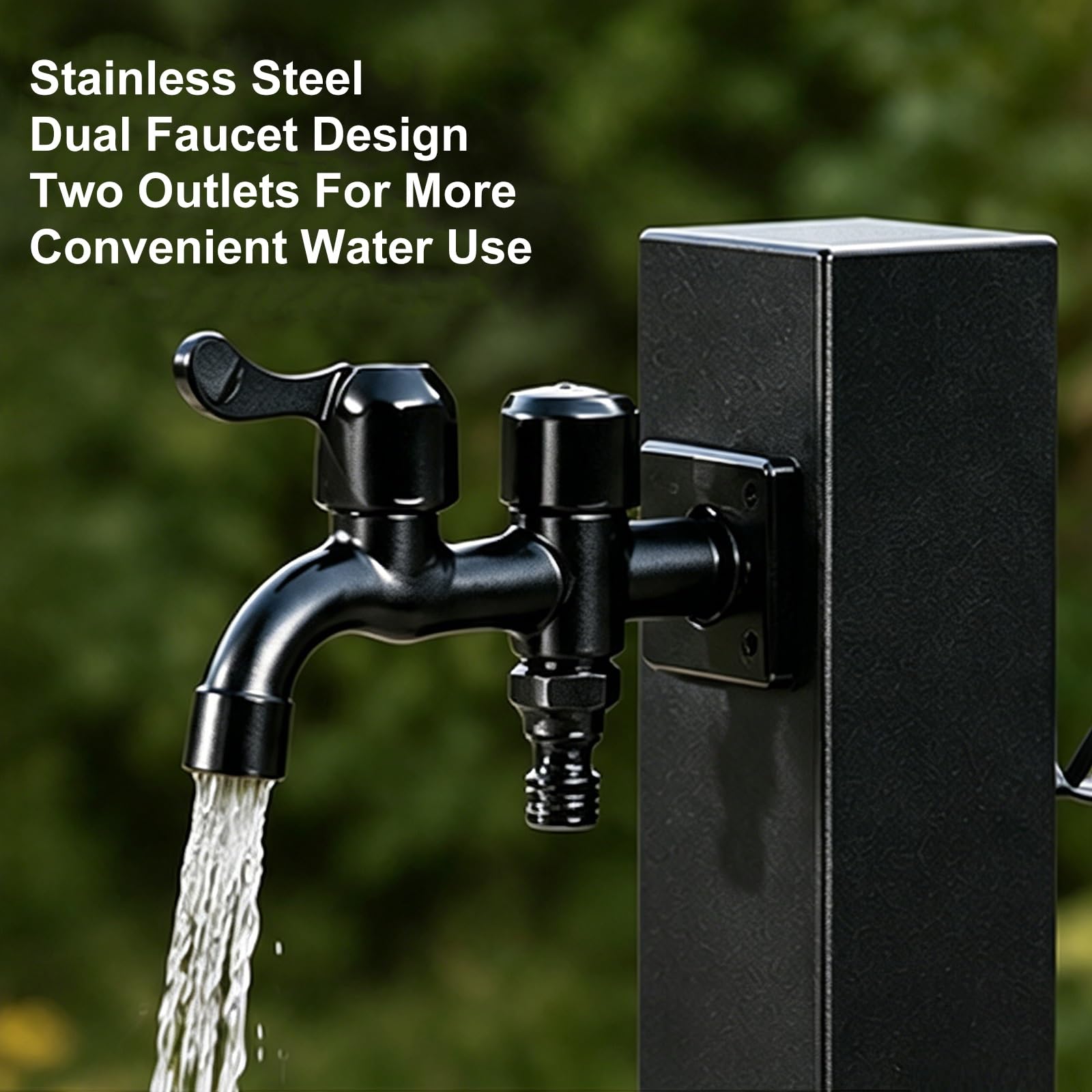 Fuente Jardin Exterior Negra, Columna de Agua para Jardín de Acero Inoxidable con Grifo y Gancho para Patio y Terraza(6x95cm/2x37in)