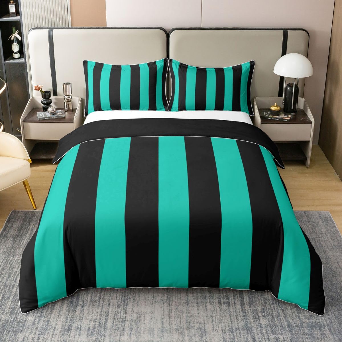 Homewish Black Teal Stripe Cotton Duvet Cover Double 3 Pieces — image 1