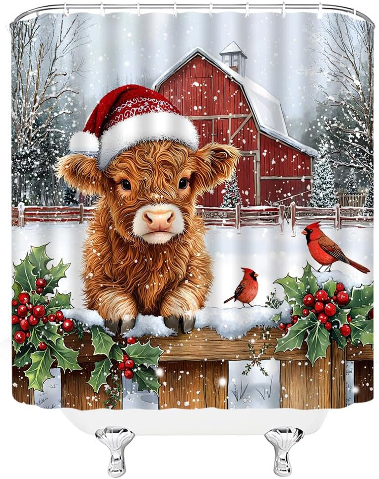 Highland Cow Christmas Shower Curtain Cute Calf Cattle Rustic Barn Red Bird Snowflake Farmhouse Xmas Holiday Winter Snowy Scene Bathroom Polyester Fabric Curtains with Hooks 94Wx70H Inch