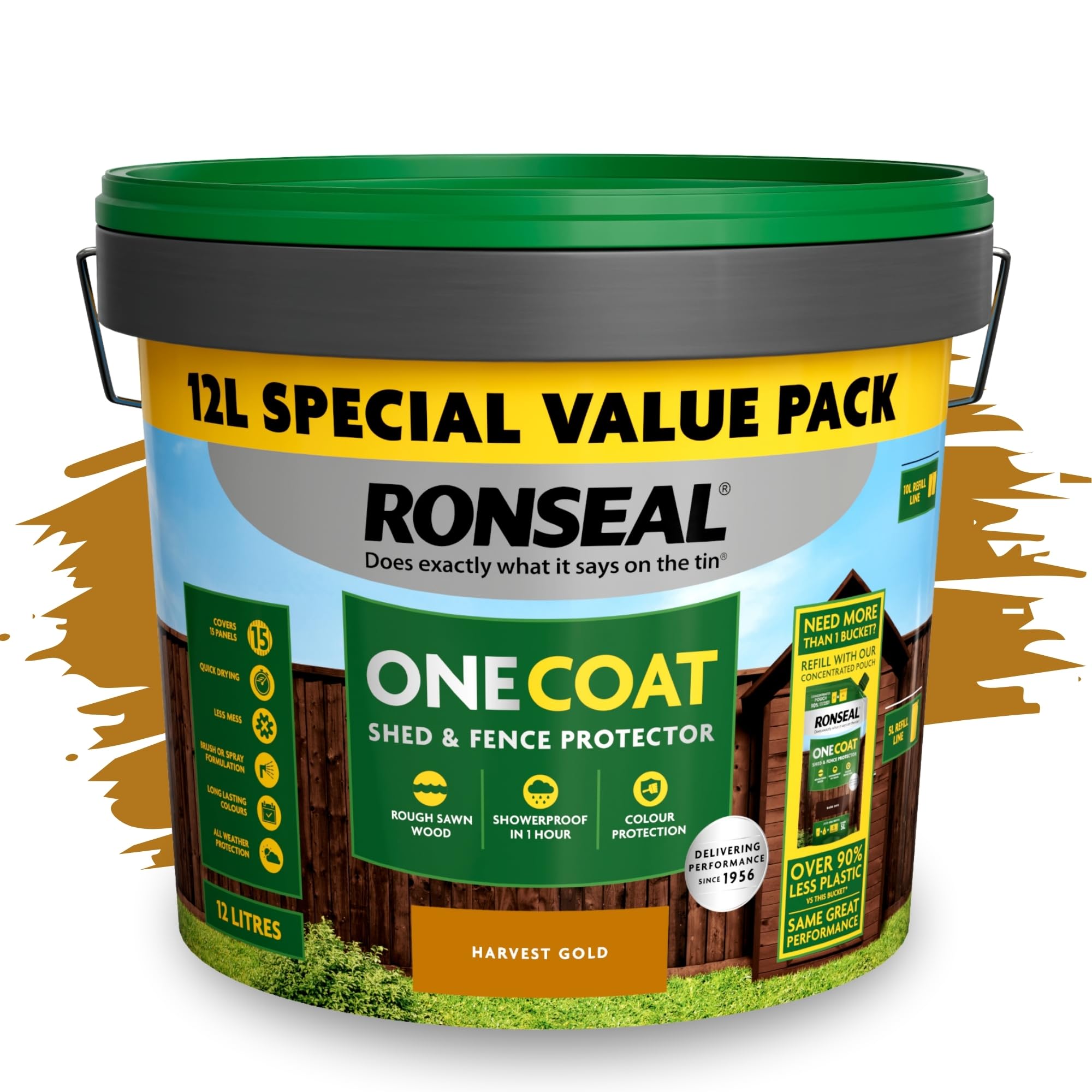 SAVING HUB One Coat Fence Paint 12L- Garden Wood Stain - Outdoor Shed & Timber Protection for Fencing, Trellis & Panels - Weather Resistant, Matt Finish, Quick Dry Formula (Harvest Gold, 12 Liter)