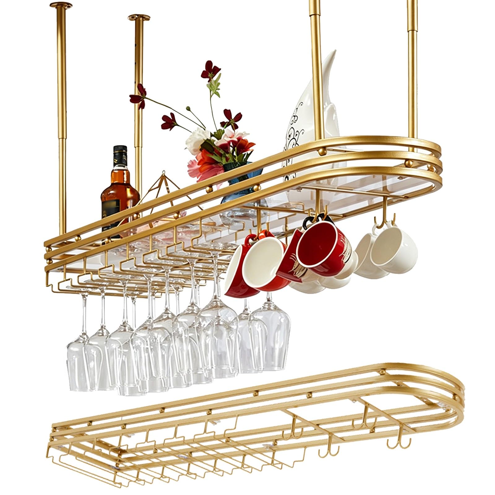 ASYJVWYZ Hanging Wine Glass Rack With Shelf, Ceiling Mounted Stemware Holder & Coffee Cup Organizer For Kitchen Bar, Black/Gold(Gold,100x25cm/39x9.8in)