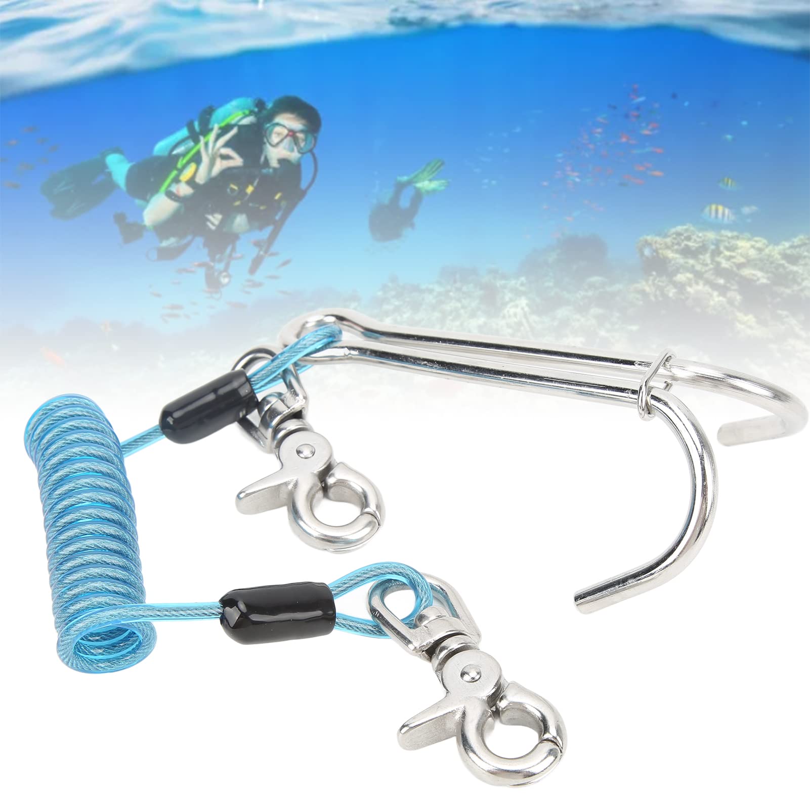 Rifhaak Duiken Roestvrijstalen Rif Dubbele Haak met Spiraalvormige Spoel Lanyard Duikveiligheidsaccessoires(blauw