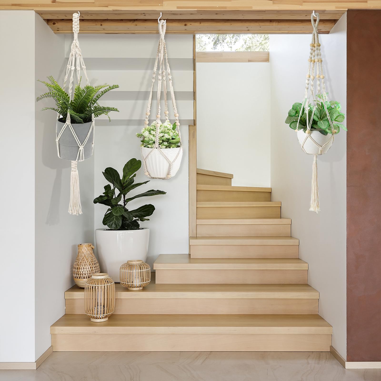 6er-Set Makramee-Blumenampeln In Beige - Hängekörbe Mit Perlen Für Pflanzen, Platzsparendes Boho-Deko