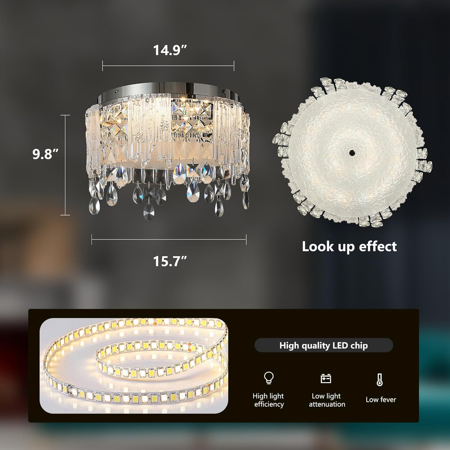16 inch Flush Mount Ceiling Light, Crystal Flush Mount Chandelier, 3CCT LED Ceiling Light Fixture for Bedroom Kitchen Dining Room Laundry Room Hallway Foyer