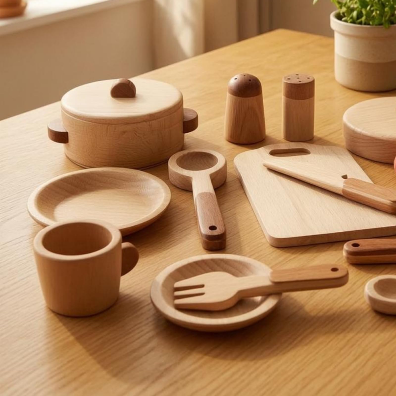 Gralara 15 Pieces Accessori Cucina Giocattolo Bordi Arrotondati Set Picnic in Legno Venatura Chiara
