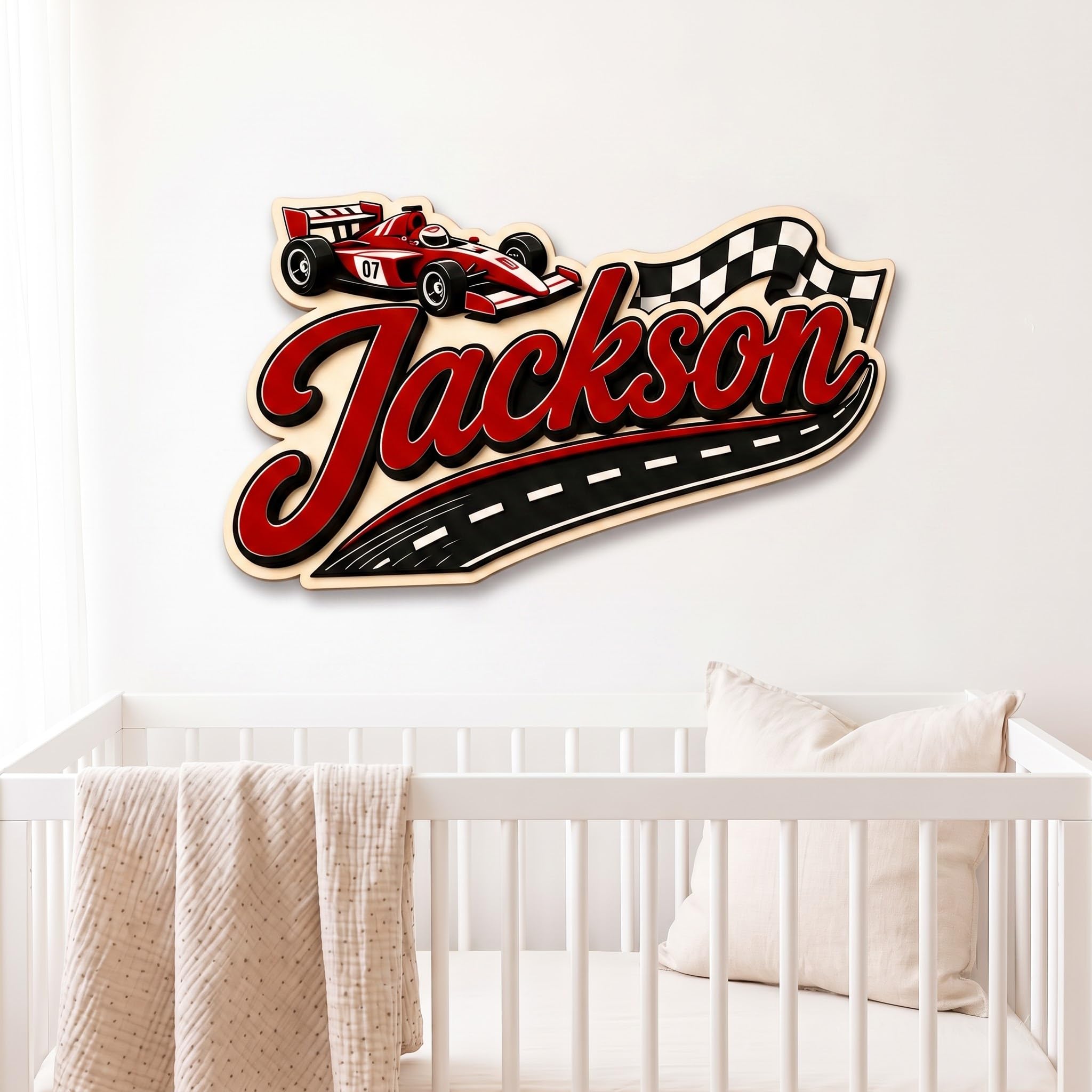 Personalized Race Car Sign for Kids Room 2-Layer Wooden Wall Plywood Decor