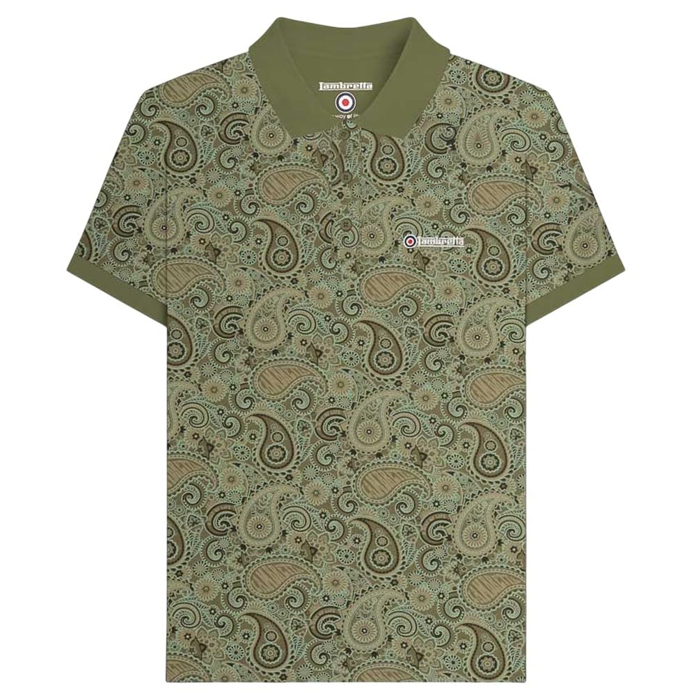 Lambretta Men's Khaki Brand Paisley Short Sleeve Polo Shirt (Uk, Alpha, 4XL, Regular, Regular, )