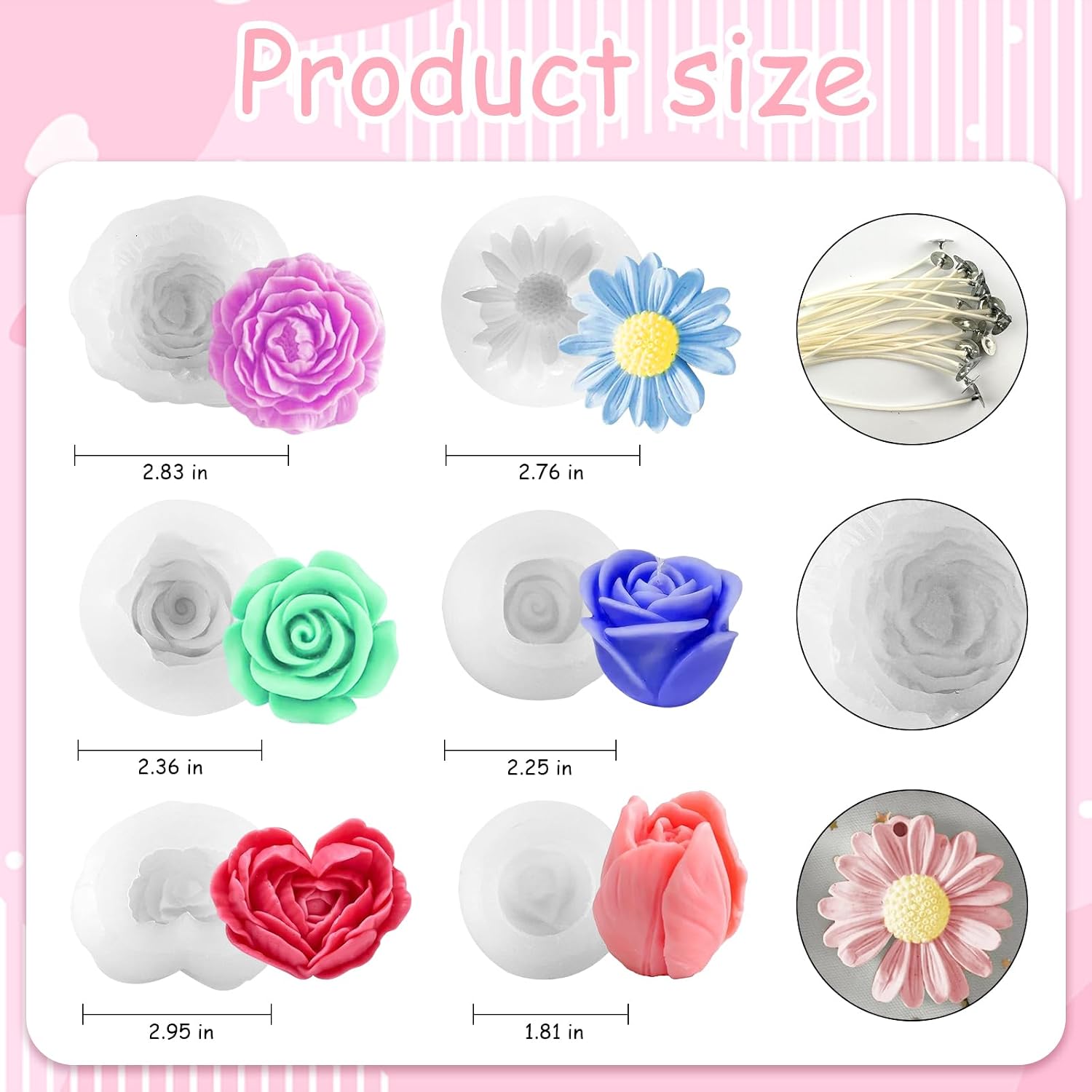 Flower Candle Resin Mold 6pcs 3D Heart Rose Tulip Daisy Peony Silicone Mold for Candle Soap Chocolate Making Valentine Mother Day Silicone Mold Rosas Silicona para Velas