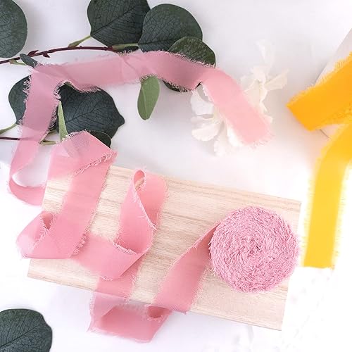 Cintas de gasa hechas a mano de 1.5 pulgadas x 21 yardas, cintas de flecos de seda para invitaciones de boda, ramos de regalo, decoración de