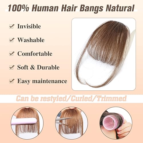 Miniatura 10 de WECAN Flequillo con clip, extensiones de cabello 100 % humano real, color marrón oscuro, flequillo falso con clip para cabello natural (flequillo