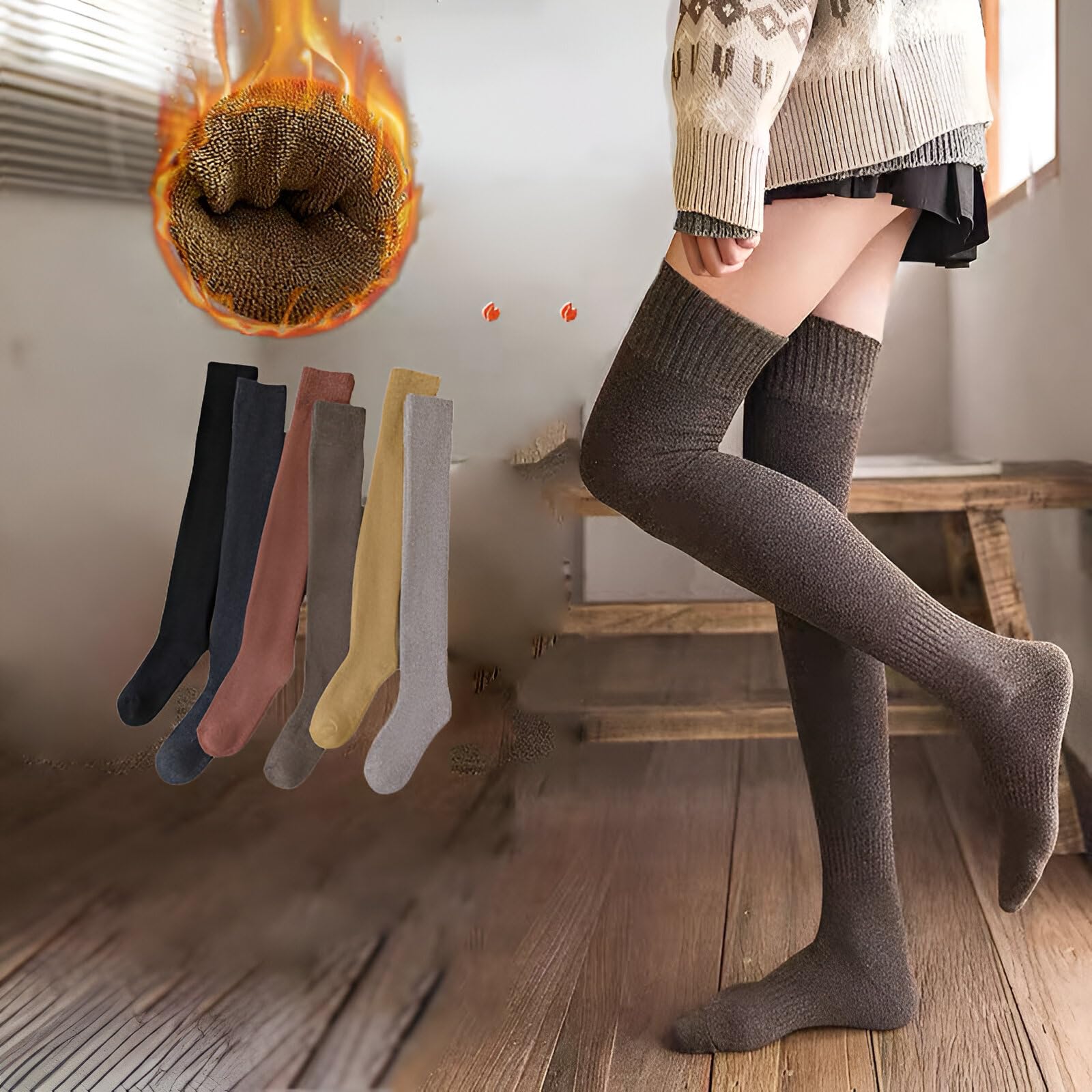GHIME Woolen Socks for Women, Winter Wear Knee Length, Wool Warm Super Thigh Socks, Stocking Girls (Free Size,1 Pair) (IN, Alpha, Free Size, 1, Black - Green) - Image 8 thumbnail