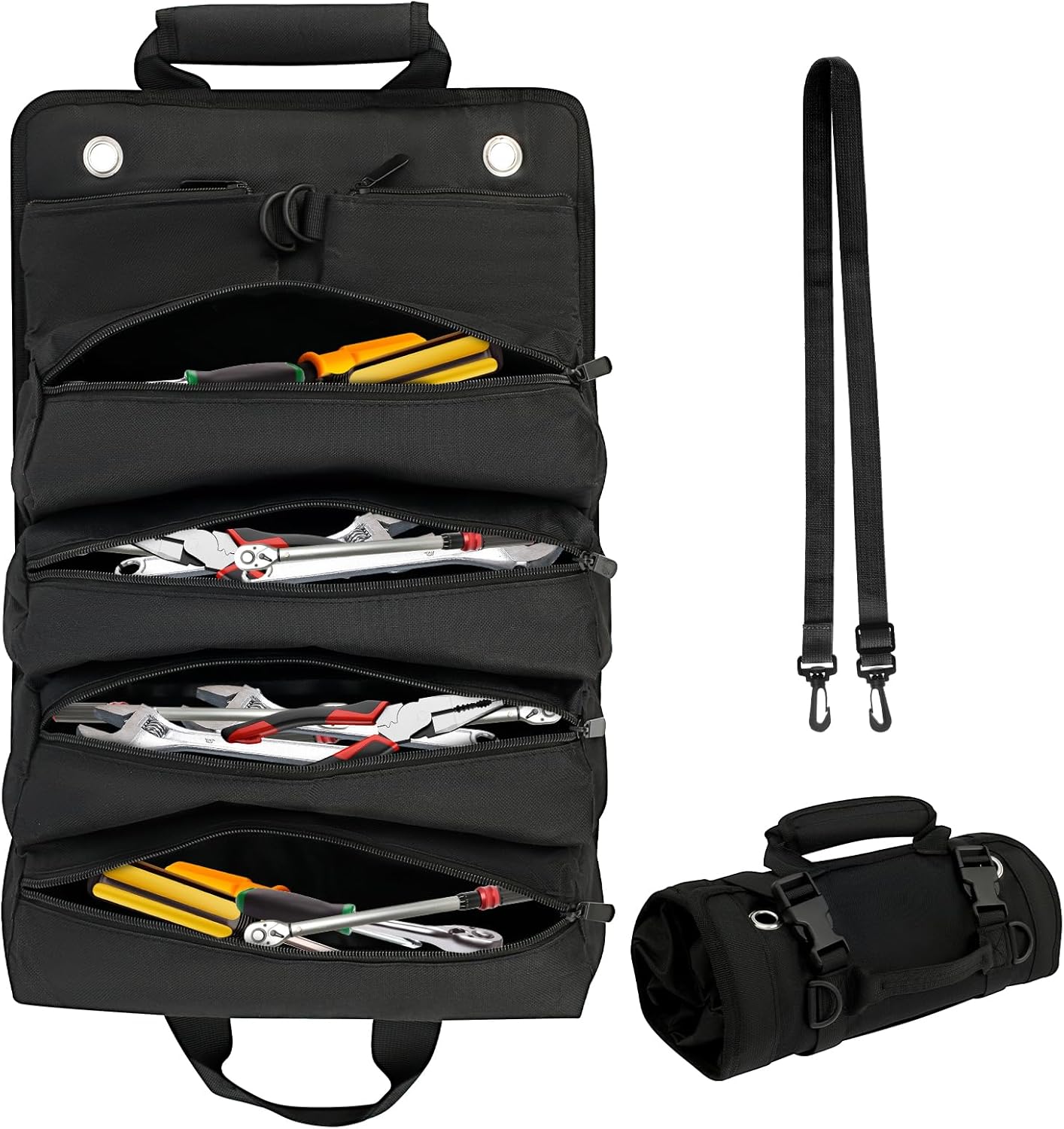 UKQRRTC Thickened Oxford Cloth Roll up Tool Bag, Strong Load Bearing Portable Tool Roll, Multi Pockets Large Capacity Car Tool Storage Bag for Mechanic Electrician (Black)
