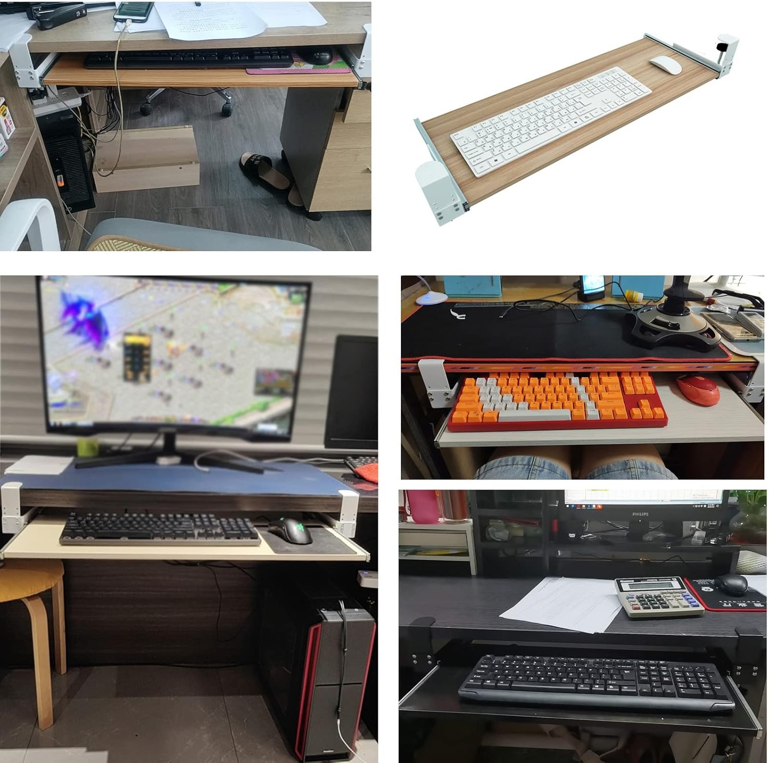 引き出し付き木製キーボード ホルダー - クランプ式キーボード トレイ、拡張可能なデスク下プラットフォーム、メープル仕上げ、75 x