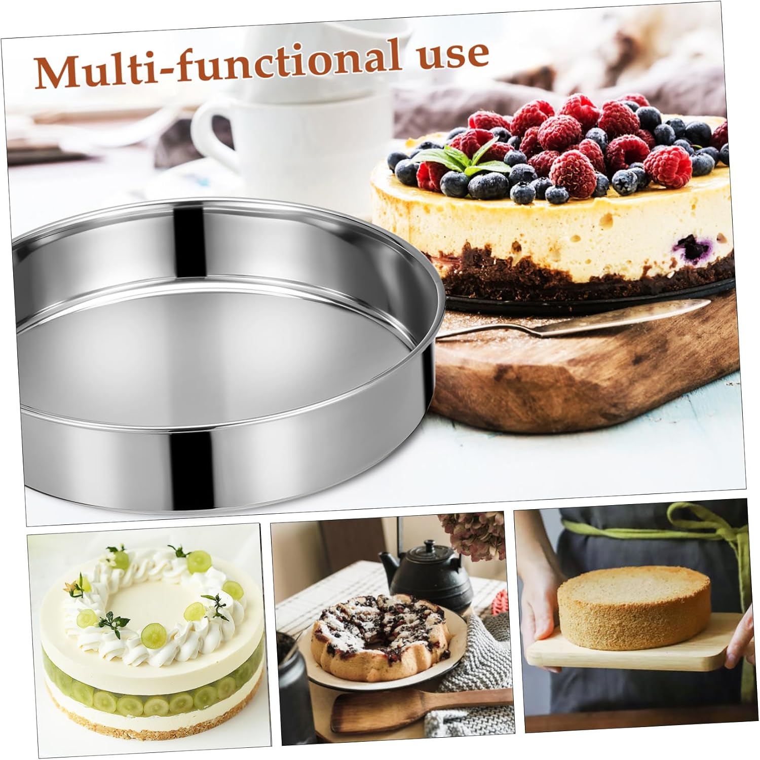 OUNONA 2pcs Stainless Steel Round Cake Pans Flat Base Baking Molds with Polished Surface for Even Heat Distribution Steaming Desserts and Savory Dishes Kitchen Baking Supplies
