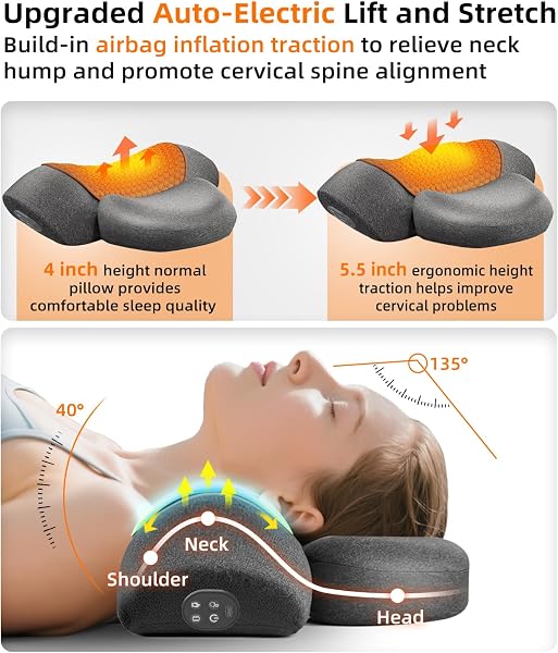 Upalled Cordless Heated Neck Massager Pillow for Pain Relief Deep Tissue, 3-in-1 Rechargeable Neck Cervical Traction Device with Heat, Massage, Electric Stretch, Ergonomic Neck Shoulder Relaxer, Grey - 3