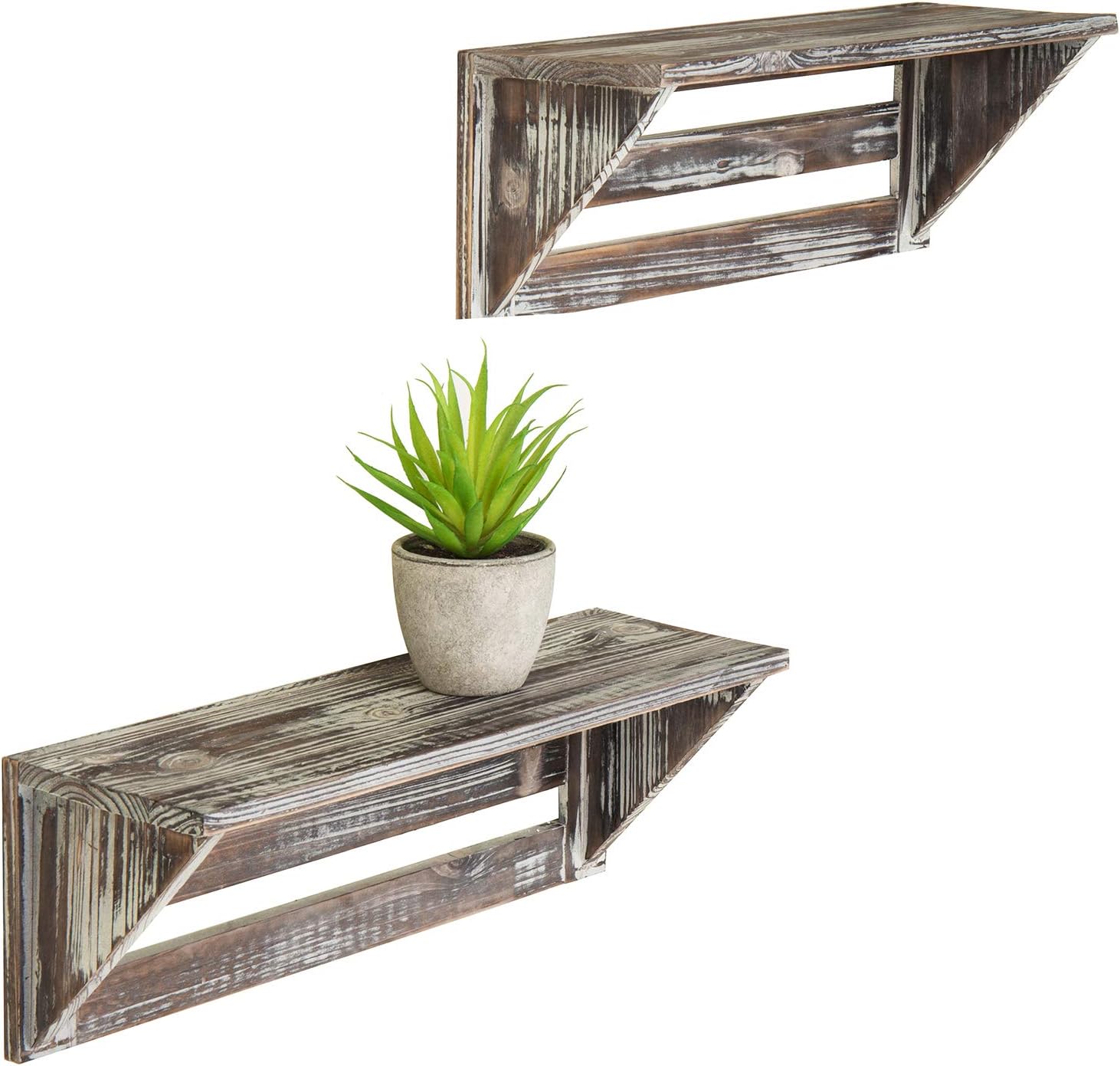 MyGift Set of 2 Vintage Torched Brown Wood 16-Inch Wall Mounted Floating Shelves, Rustic Farmhouse Wooden Hanging Decorative Storage Display Shelf