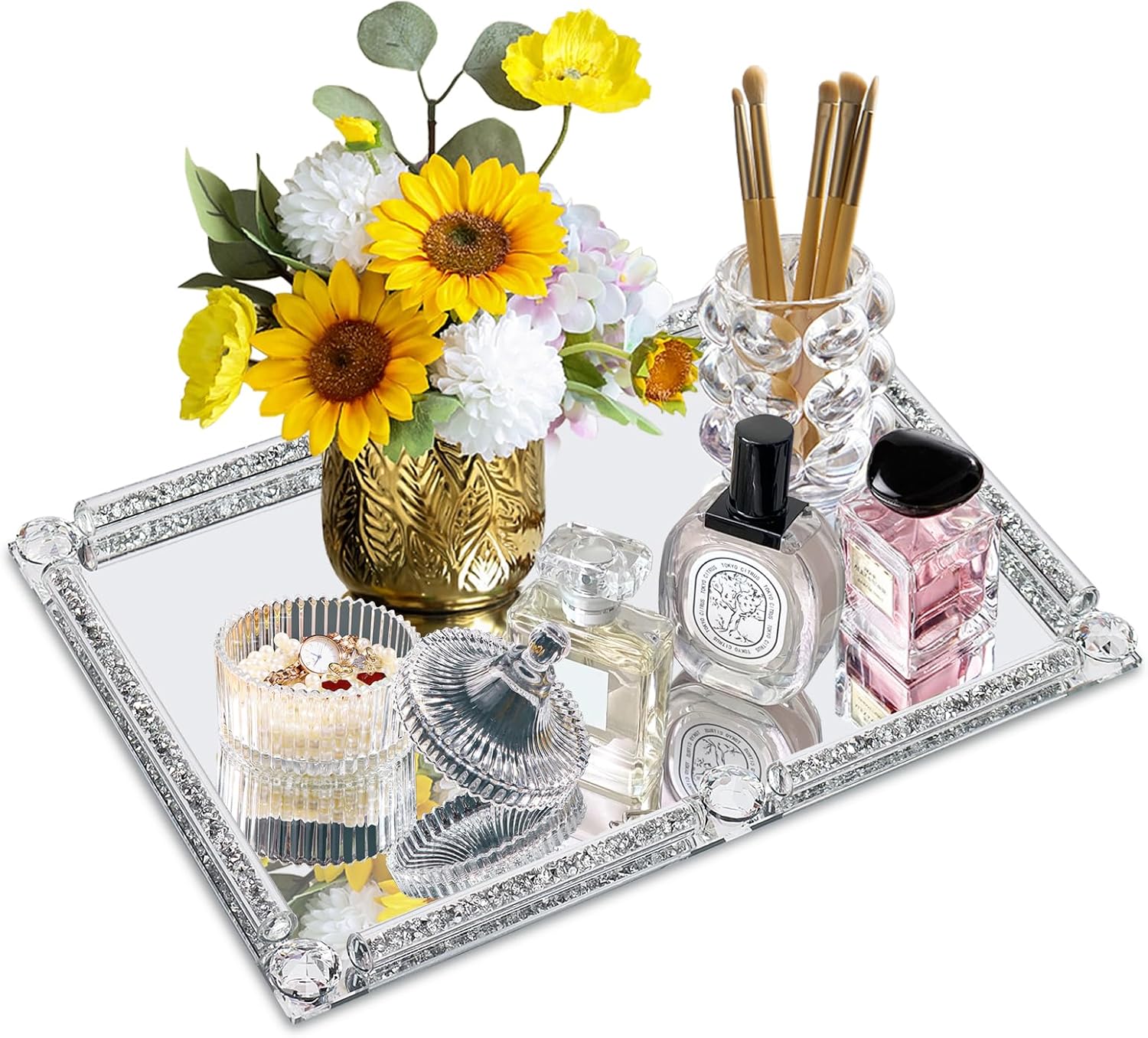Large Mirror Perfume Tray for Dresser,Crushed Diamond Filled Glass Vanity Tray,Decorative Bathroom Tray,Crystal Tray for Home Decorative,Party,Hotel Banquet,15.7x11.8x1.4inch,Silver