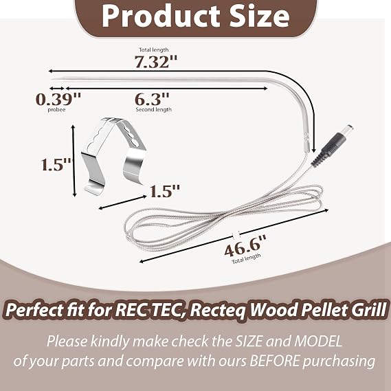 Rectec、Recteqウッドペレットグリル用の温度ミートプローブ交換品、Recteqグリルアクセサリー用ステンレススチールプラグ温度計プローブ、プローブクリップホルダー2個付き。