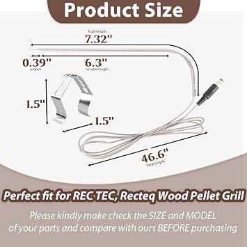 Rectec、Recteqウッドペレットグリル用の温度ミートプローブ交換品、Recteqグリルアクセサリー用ステンレススチールプラグ温度計プローブ、プローブクリップホルダー2個付き。