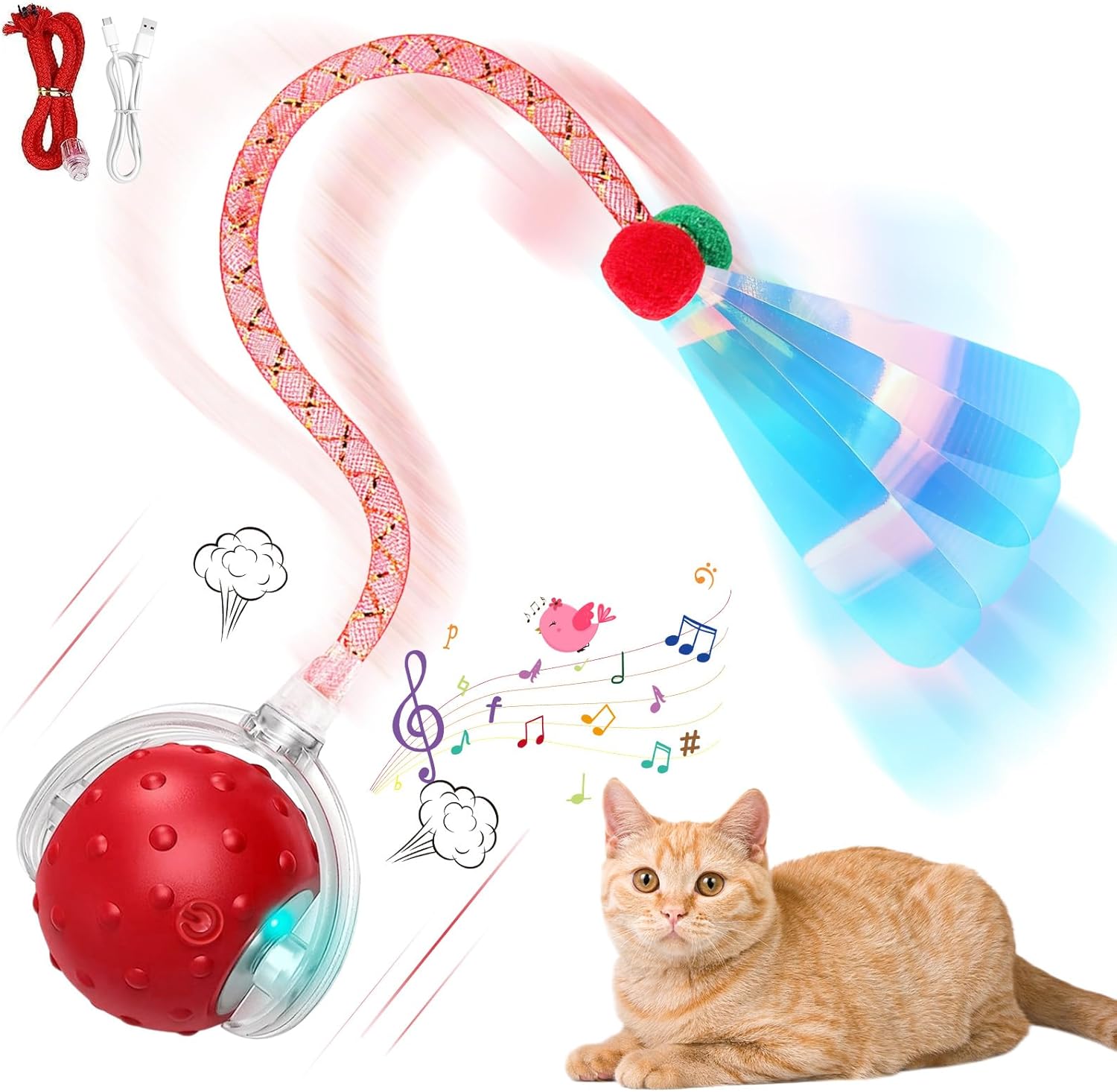 Xaoqin Interactive Cat Toy Ball, Rechargeable 360° Automatic Moving Cat Toys for Indoor Cats Adult and Motion Activated Kitten Toys, with Chirping Bird Sound and Dual Tails (Red)