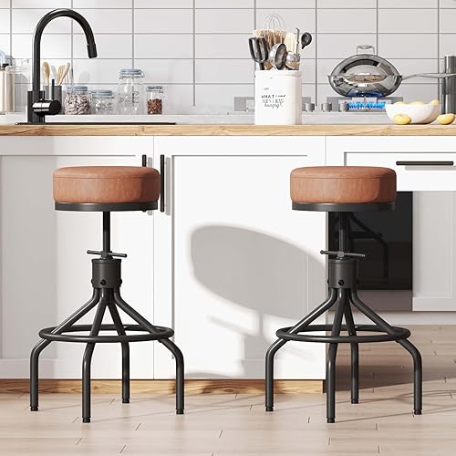 Miniatura 4 de Taburetes de bar industriales, juego de 2 taburetes de bar redondos giratorios ajustables, modernos de cuero sintético de 28 pulgadas, taburete de