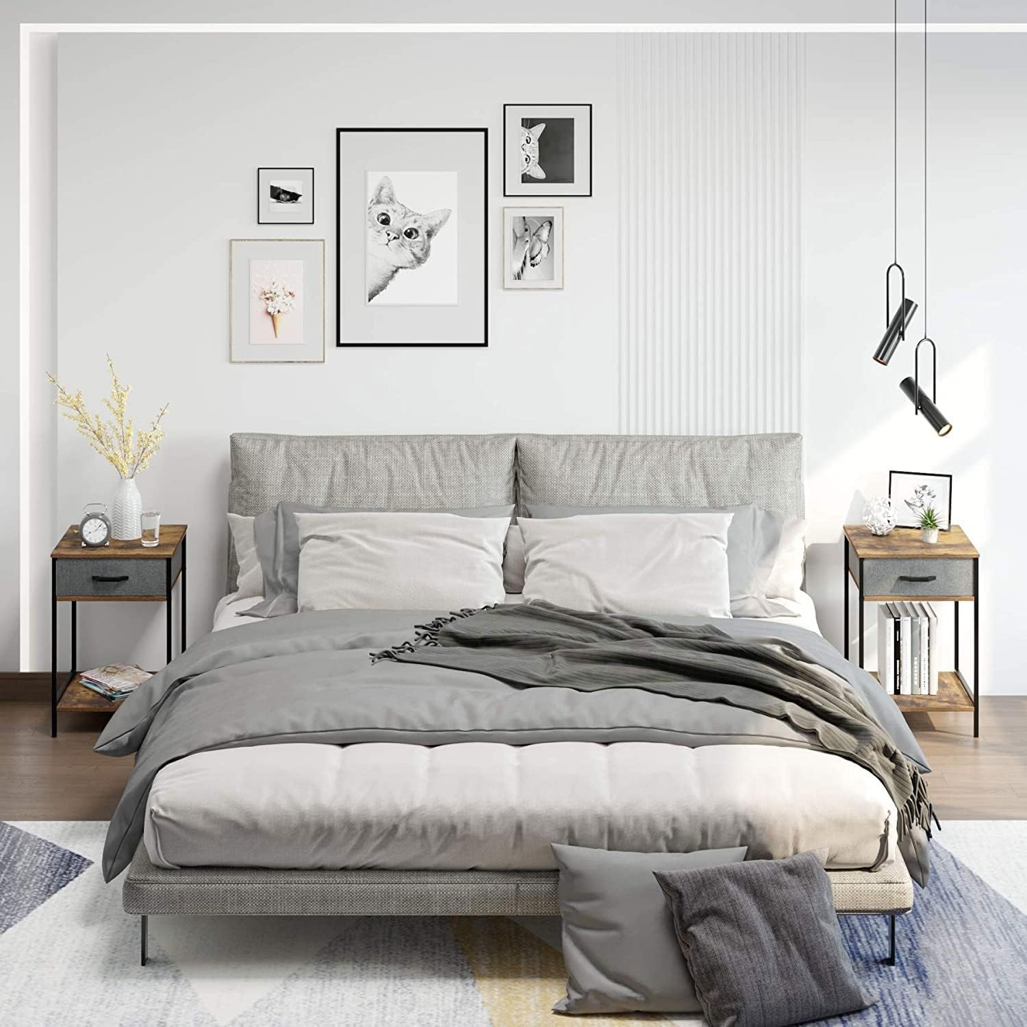 2 Tier Bedside Table with Drawer Storage Organizer and Shelves Vintage Nightstand for Bedroom Living Room