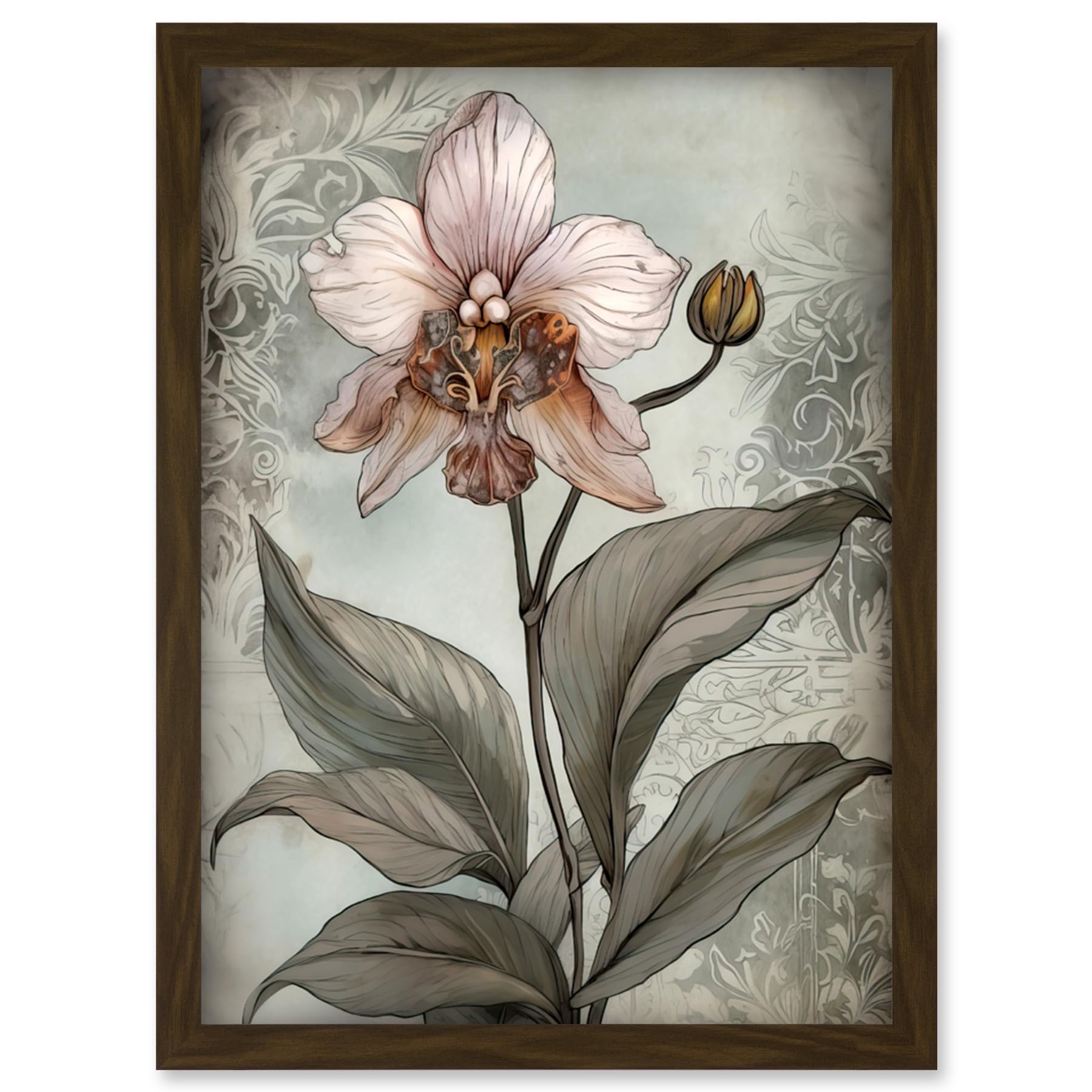 Artery8 Art Nouveau Pink Orchid Bloom Flower Watercolour Artwork Framed Wall Art Print A4