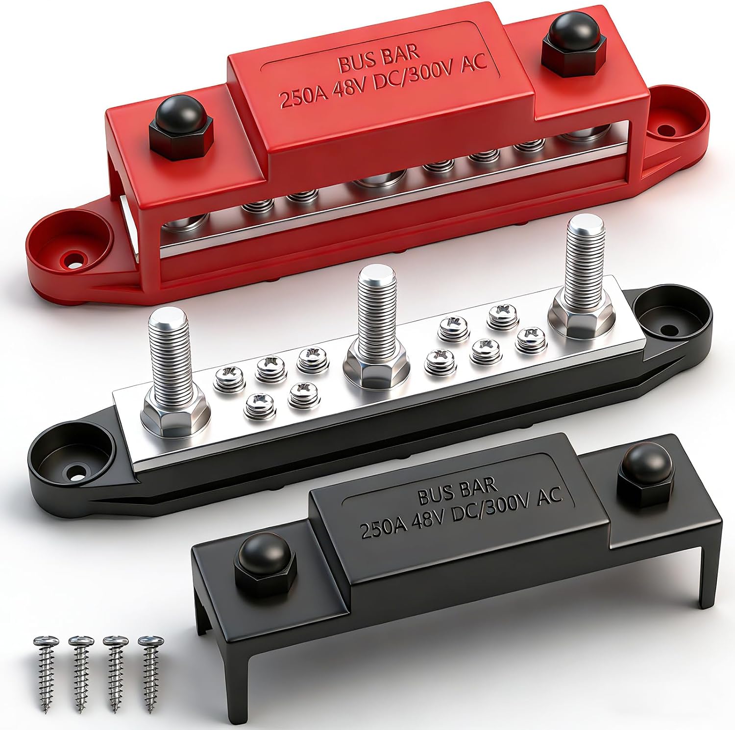 250A Power Distribution Block, 12V Bus Bar Marine 5/16" Stud, Busbars 12 Volt DC Battery Buss Bar, Automotive Busbar Terminal Block with Cover for Car and Boat (Black+Red)